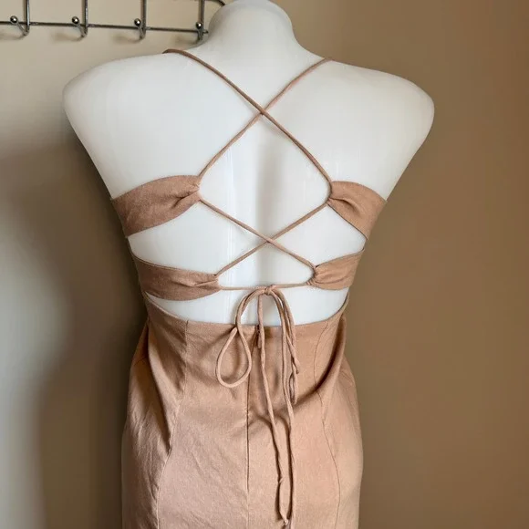 Zara Lattice Tie Back Linen Blend Midi Dress Beige/Tan Medium High Slit Cocktail - Picture 5 of 16